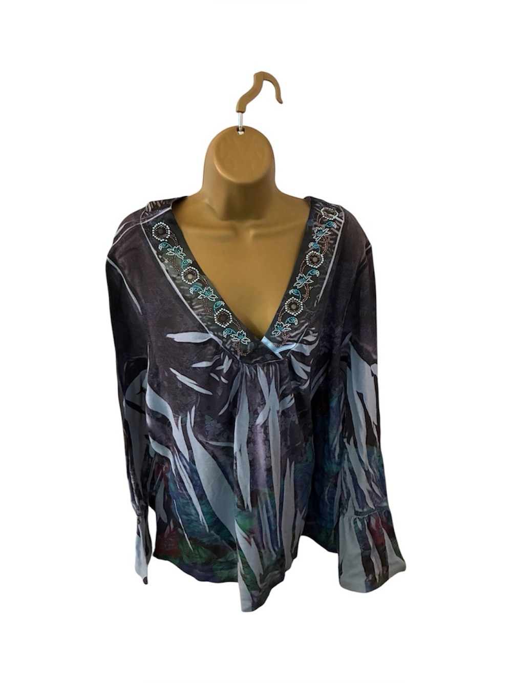Vintage Y2K B.L.E.U. Knit Tunic Top V-Neck Rhinestone Floral Black Multicolor 2X